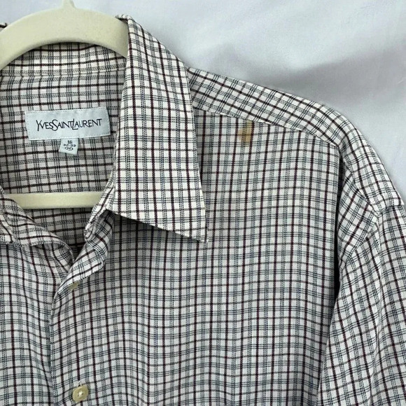 Yves Saint Laurent Shirt, Button Front, Check, Plaid, Blue White Red, Neck 16 - Picture 5 of 9